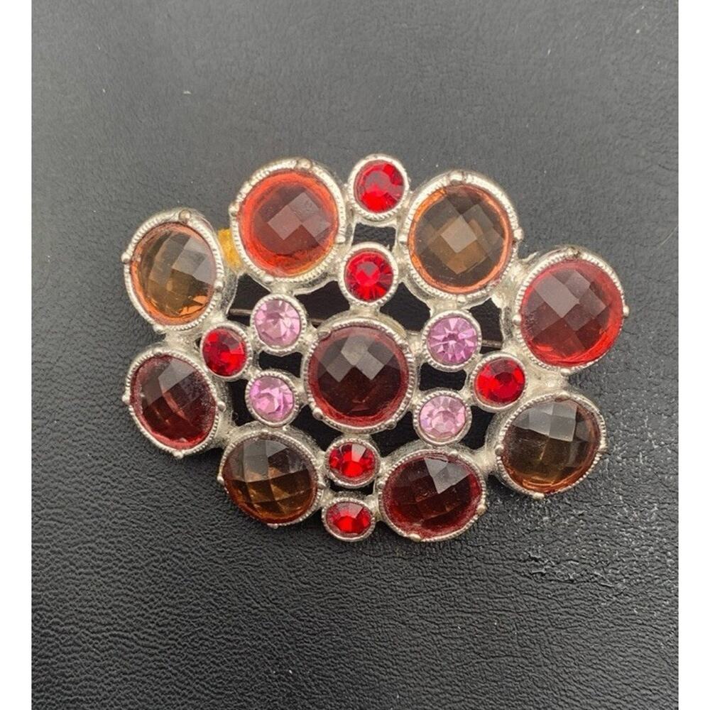Vintage Multi Colored Faceted Rhinestone Silver Tone Brooch
